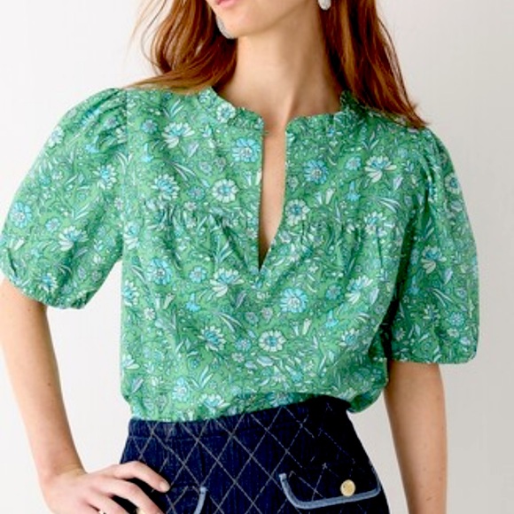 J. Crew Tops - J. Crew Green Floral Puff-Sleeve Marigold Blooms Blouse Extra Small